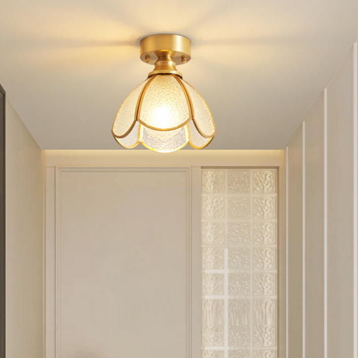 Lustre de plafond semi-encastré à 1 lumière en cuivre avec verre parapluie rond à feuille vintage traditionnel pour salon 