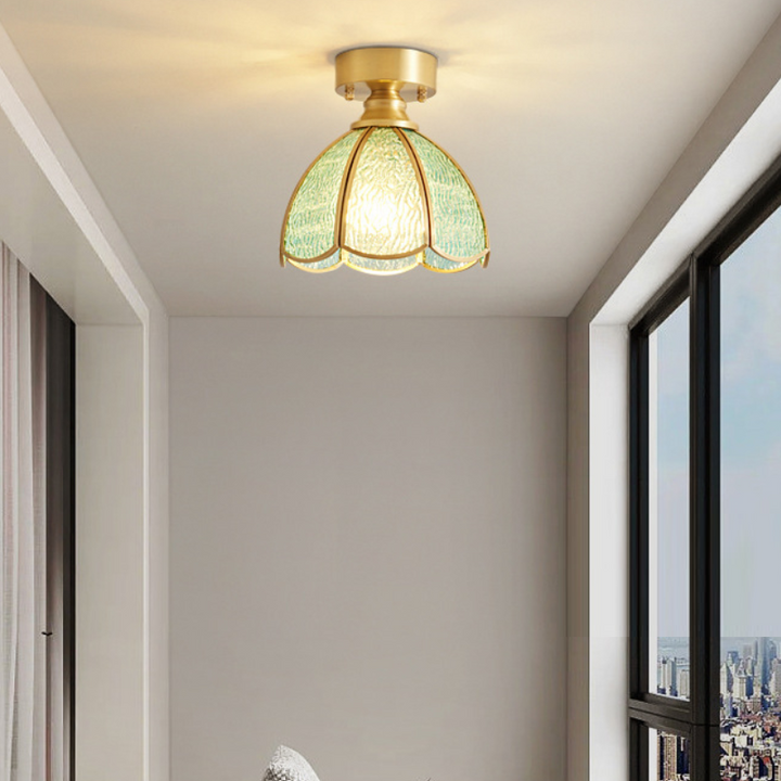 Lustre de plafond semi-encastré à 1 lumière en cuivre avec verre parapluie rond à feuille vintage traditionnel pour salon 