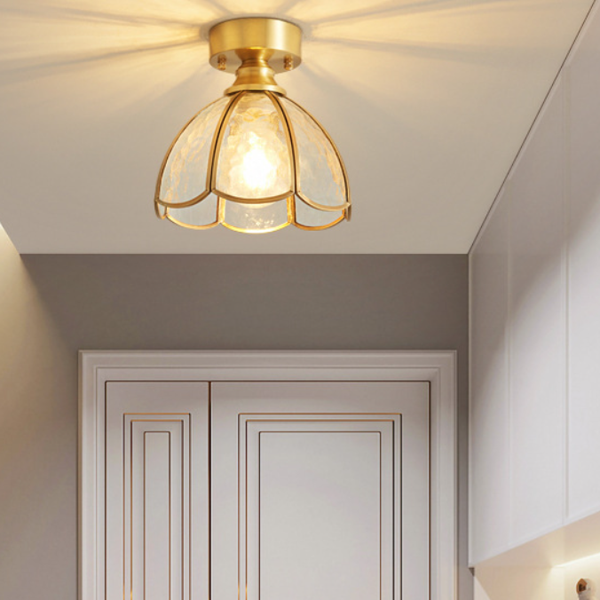 Lustre de plafond semi-encastré à 1 lumière en cuivre avec verre parapluie rond à feuille vintage traditionnel pour salon 