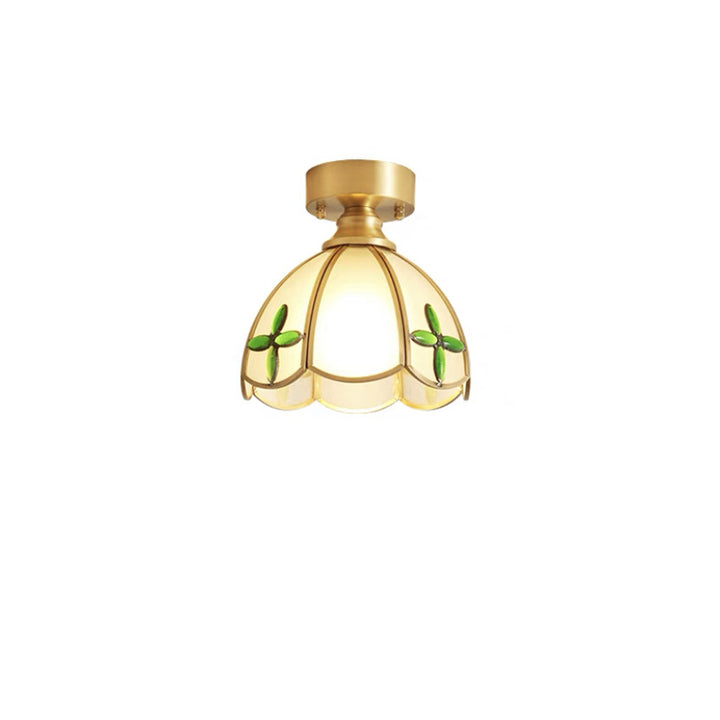 Lustre de plafond semi-encastré à 1 lumière en cuivre avec verre parapluie rond à feuille vintage traditionnel pour salon 
