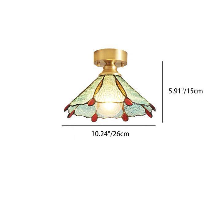 Lustre de plafond semi-encastré à 1 lumière en cuivre avec verre parapluie rond à feuille vintage traditionnel pour salon 