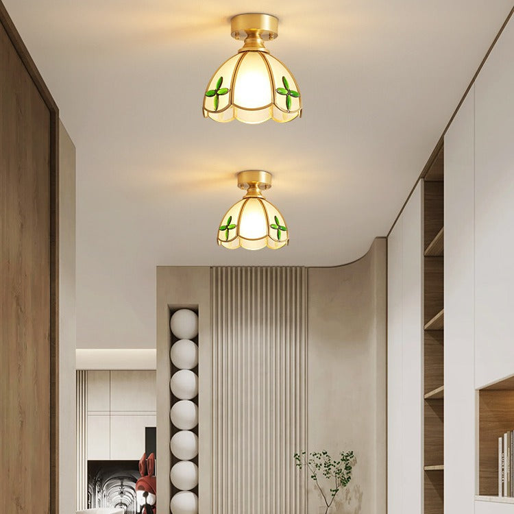 Lustre de plafond semi-encastré à 1 lumière en cuivre avec verre parapluie rond à feuille vintage traditionnel pour salon 