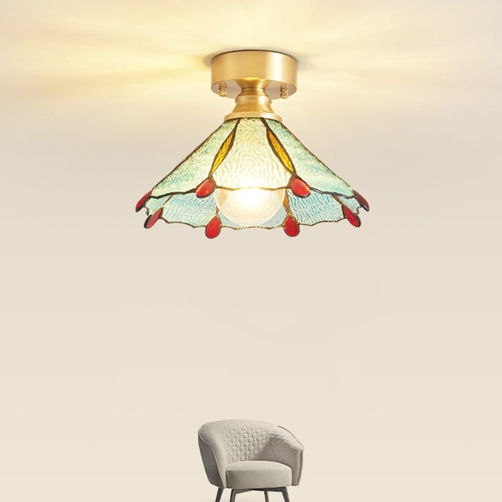 Lustre de plafond semi-encastré à 1 lumière en cuivre avec verre parapluie rond à feuille vintage traditionnel pour salon 