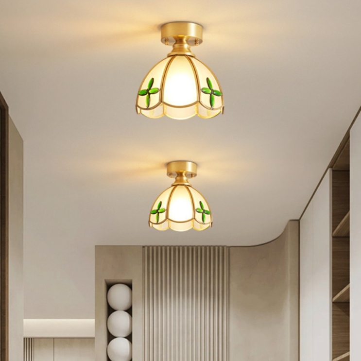 Lustre de plafond semi-encastré à 1 lumière en cuivre avec verre parapluie rond à feuille vintage traditionnel pour salon 