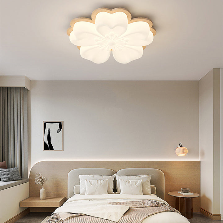 Lustre Plafonnier LED en Bois Massif PE Forme Florale Art Déco Moderne pour Salon 