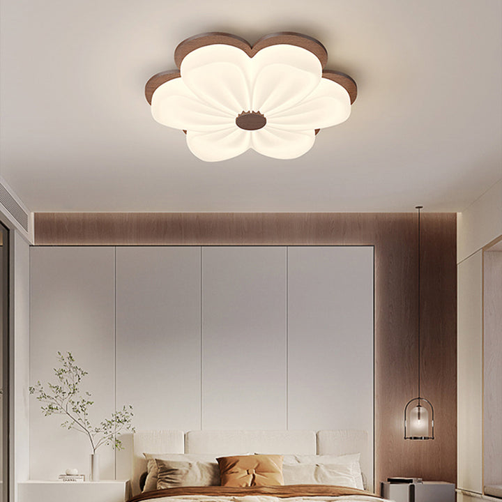 Lustre Plafonnier LED en Bois Massif PE Forme Florale Art Déco Moderne pour Salon 