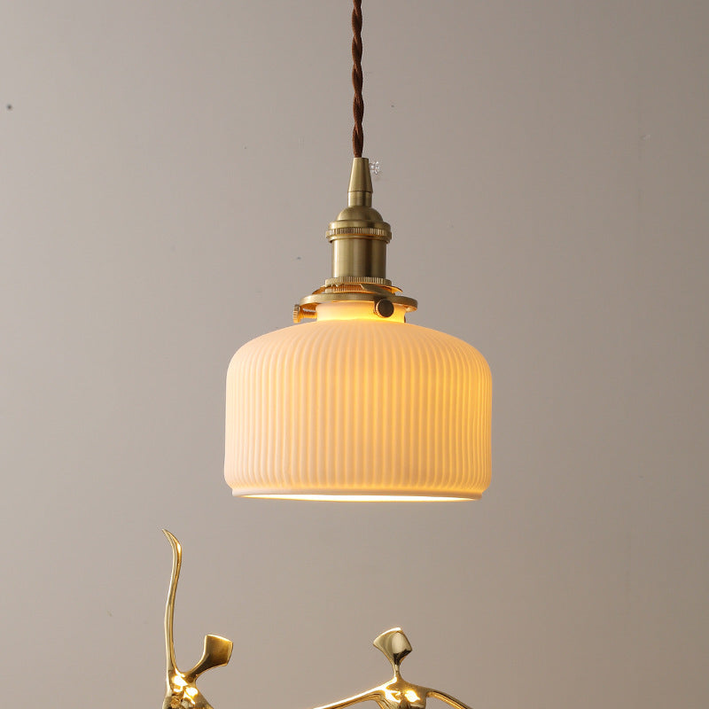 Contemporary Scandinavian Round Cylindrical Bowl Glass Brass 1-Light Pendant Light For Living Room