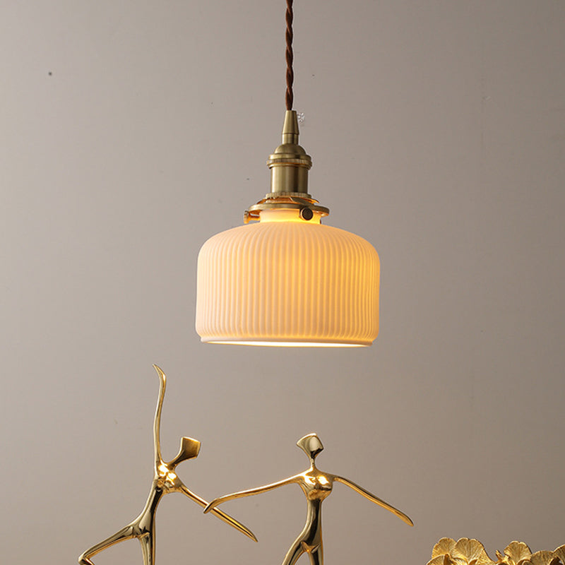 Contemporary Scandinavian Round Cylindrical Bowl Glass Brass 1-Light Pendant Light For Living Room
