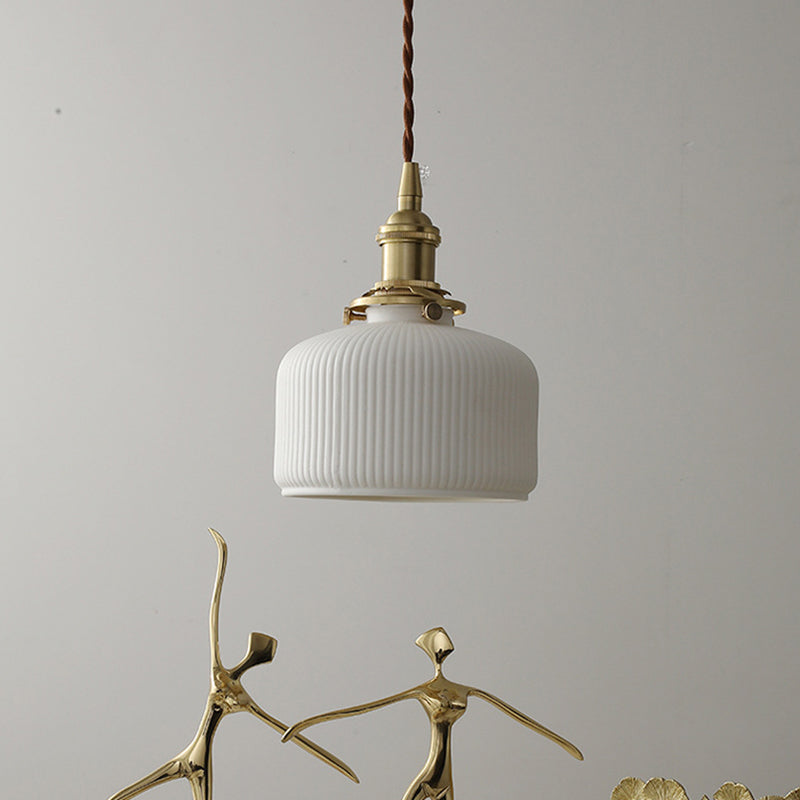 Contemporary Scandinavian Round Cylindrical Bowl Glass Brass 1-Light Pendant Light For Living Room