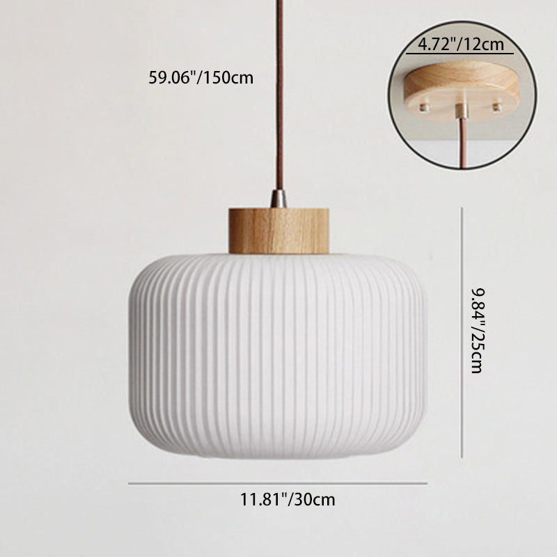 Traditionelle japanische zylindrische runde gealterte Glas-Holz 1-Licht Pendelleuchte für Wohnzimmer 