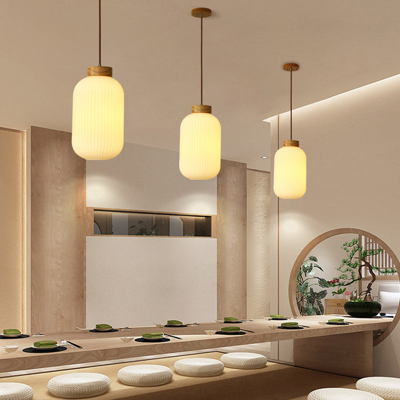 Traditionelle japanische zylindrische runde gealterte Glas-Holz 1-Licht Pendelleuchte für Wohnzimmer 