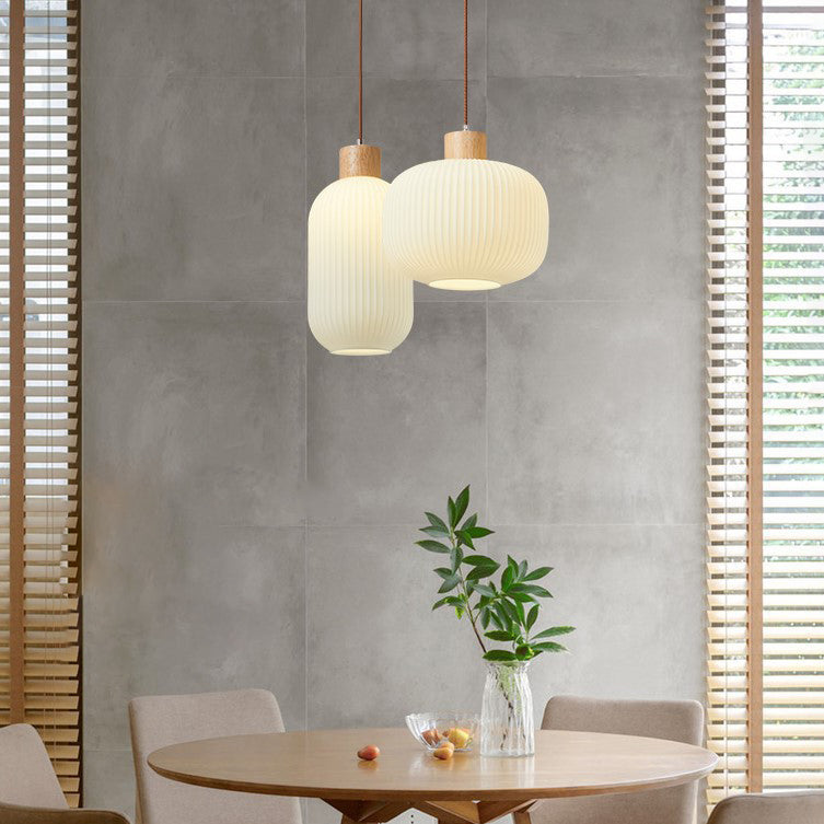Traditionelle japanische zylindrische runde gealterte Glas-Holz 1-Licht Pendelleuchte für Wohnzimmer 