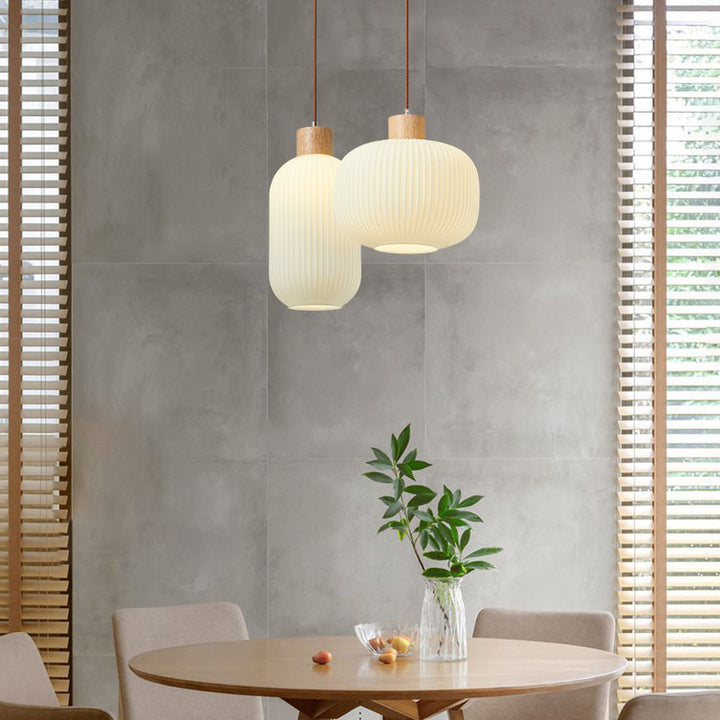Traditionelle japanische zylindrische runde gealterte Glas-Holz 1-Licht Pendelleuchte für Wohnzimmer 