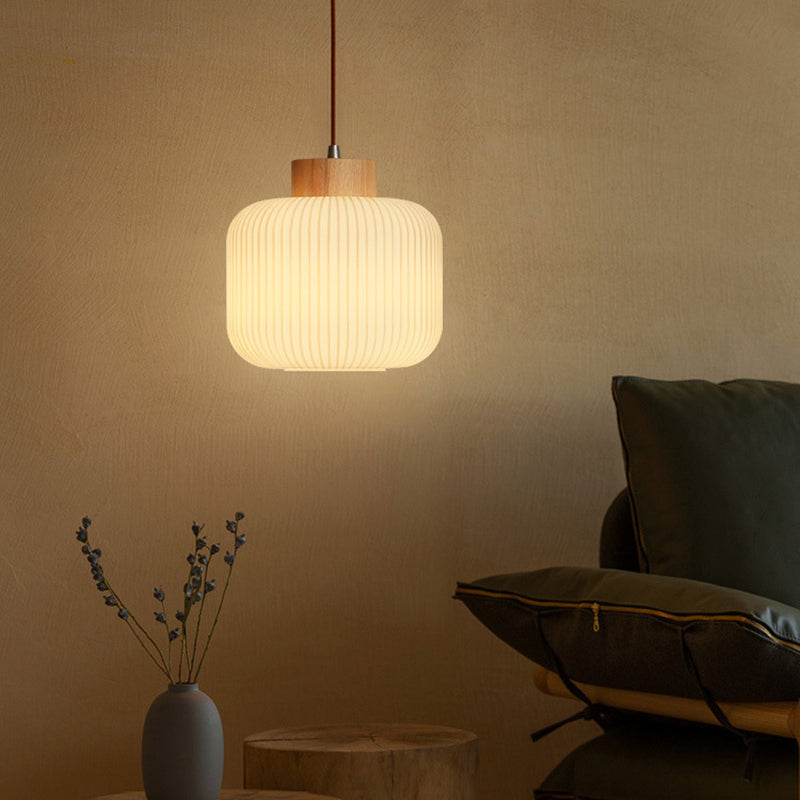 Traditionelle japanische zylindrische runde gealterte Glas-Holz 1-Licht Pendelleuchte für Wohnzimmer 