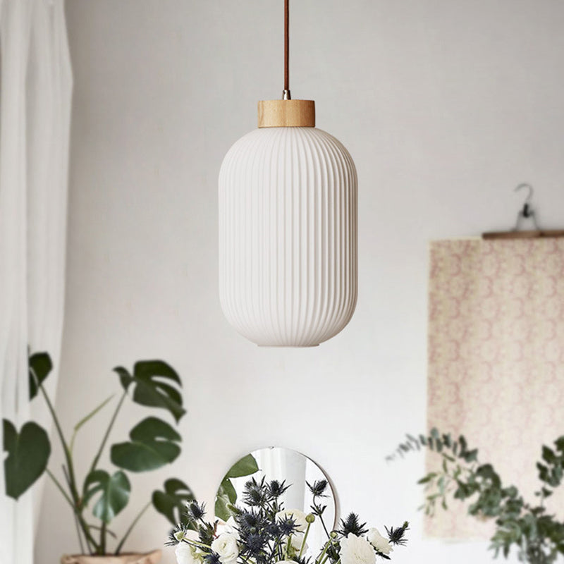 Traditionelle japanische zylindrische runde gealterte Glas-Holz 1-Licht Pendelleuchte für Wohnzimmer 