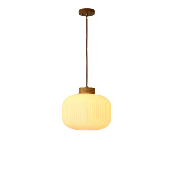 Traditionelle japanische zylindrische runde gealterte Glas-Holz 1-Licht Pendelleuchte für Wohnzimmer 