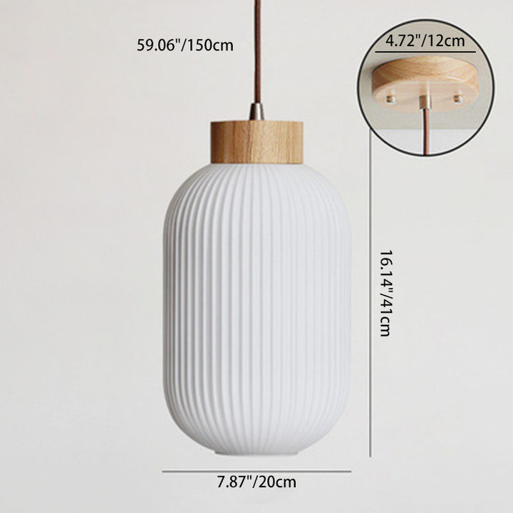 Traditionelle japanische zylindrische runde gealterte Glas-Holz 1-Licht Pendelleuchte für Wohnzimmer 