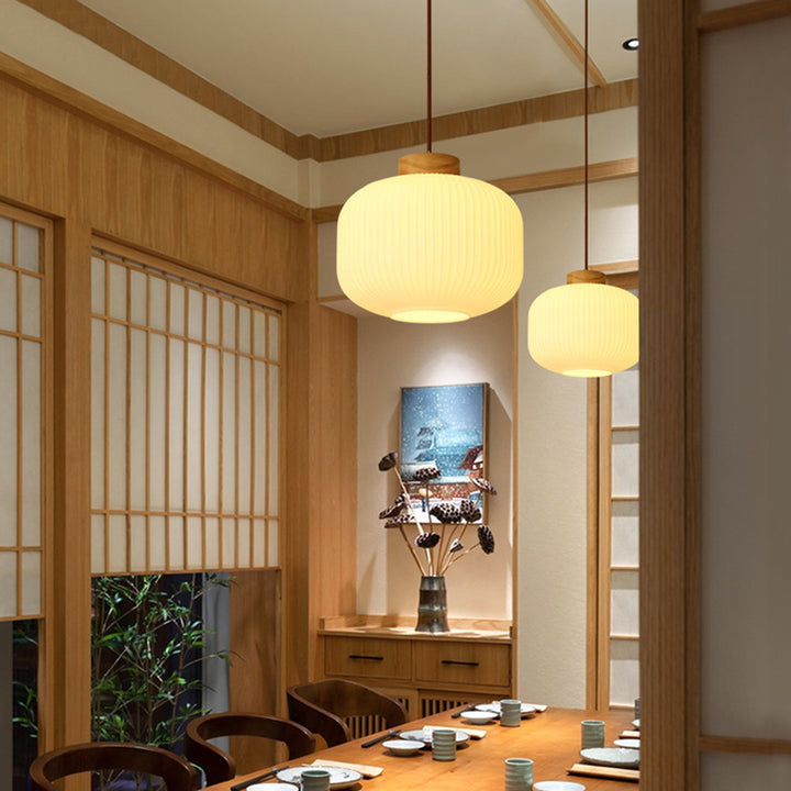 Traditionelle japanische zylindrische runde gealterte Glas-Holz 1-Licht Pendelleuchte für Wohnzimmer 
