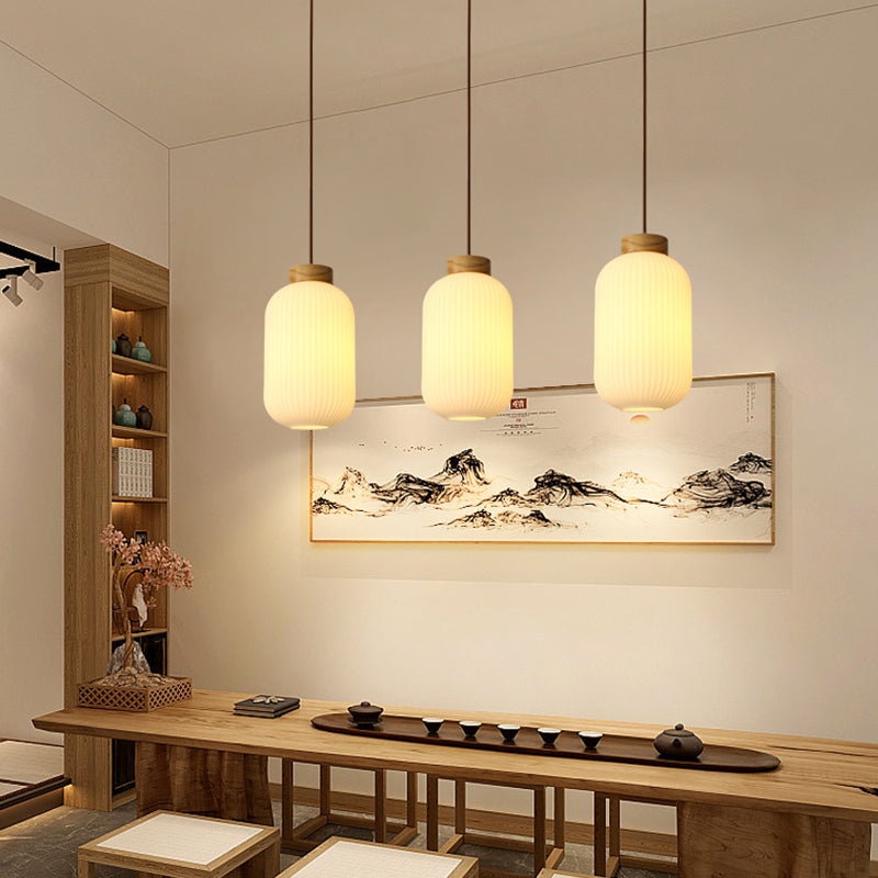 Traditionelle japanische zylindrische runde gealterte Glas-Holz 1-Licht Pendelleuchte für Wohnzimmer 