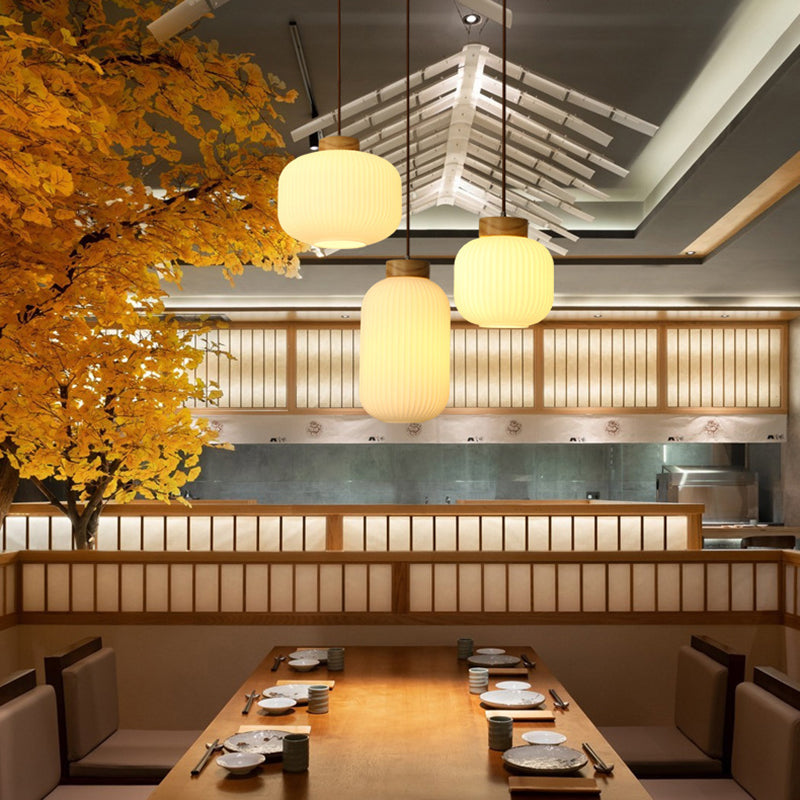 Traditionelle japanische zylindrische runde gealterte Glas-Holz 1-Licht Pendelleuchte für Wohnzimmer 