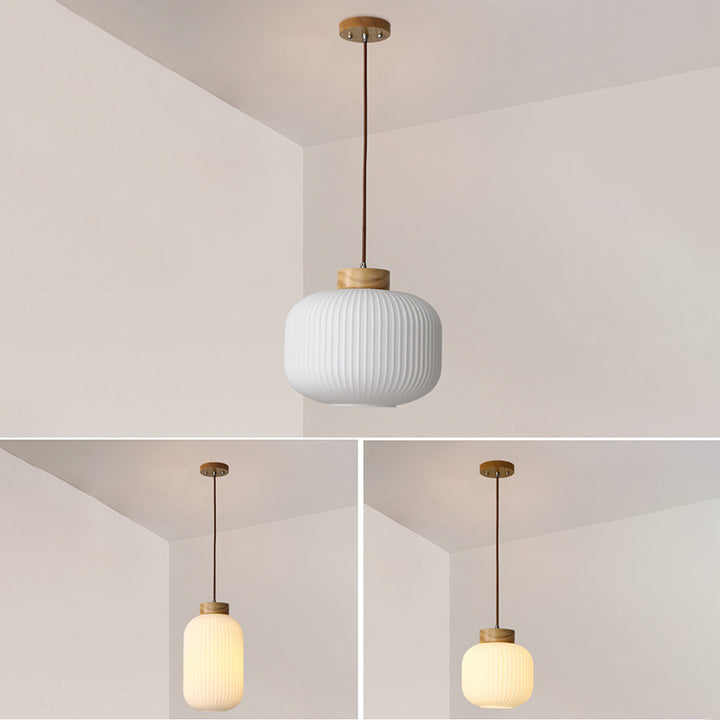 Traditionelle japanische zylindrische runde gealterte Glas-Holz 1-Licht Pendelleuchte für Wohnzimmer 