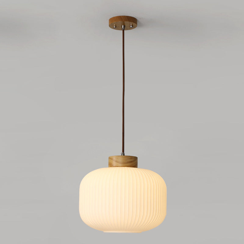 Traditionelle japanische zylindrische runde gealterte Glas-Holz 1-Licht Pendelleuchte für Wohnzimmer 