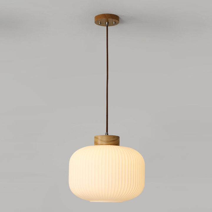 Traditionelle japanische zylindrische runde gealterte Glas-Holz 1-Licht Pendelleuchte für Wohnzimmer 