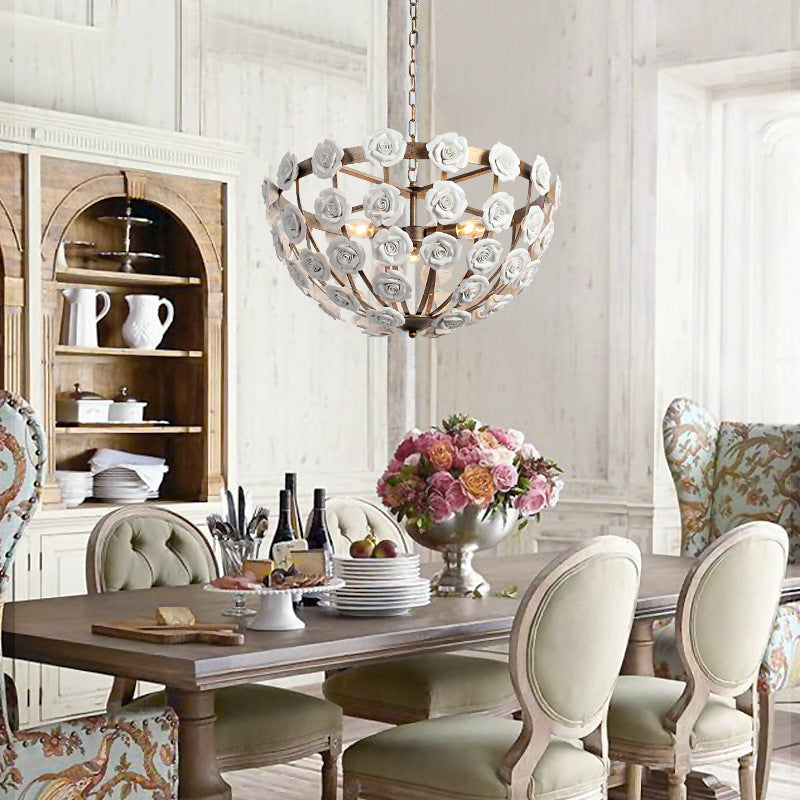 Traditional French Rosette Half Round Ceramic Iron 1/3 Light Chandelier For Living Room