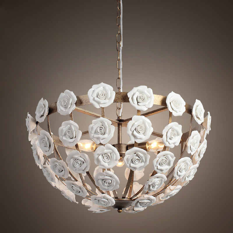 Traditional French Rosette Half Round Ceramic Iron 1/3 Light Chandelier For Living Room