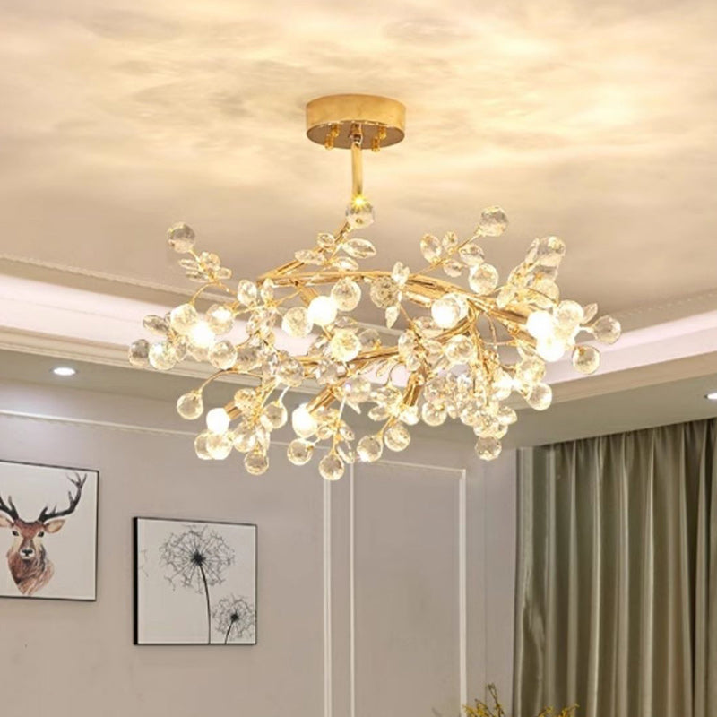 Traditional French Rose Branch Round Crystal Ceramic Iron 9-Lights Chandelier For Living Room
