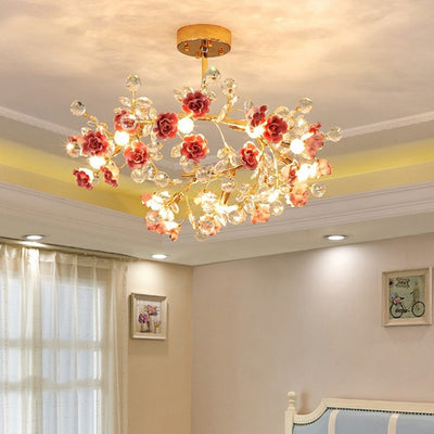 Traditional French Rose Branch Round Crystal Ceramic Iron 9-Lights Chandelier For Living Room