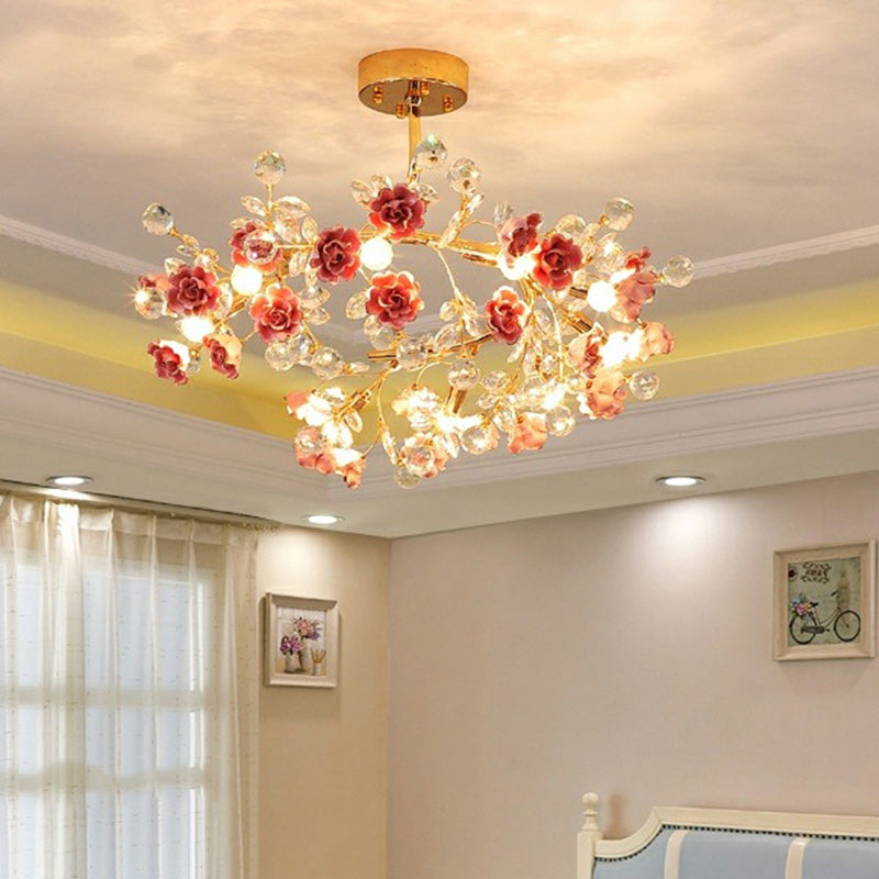 Traditional French Rose Branch Round Crystal Ceramic Iron 9-Lights Chandelier For Living Room