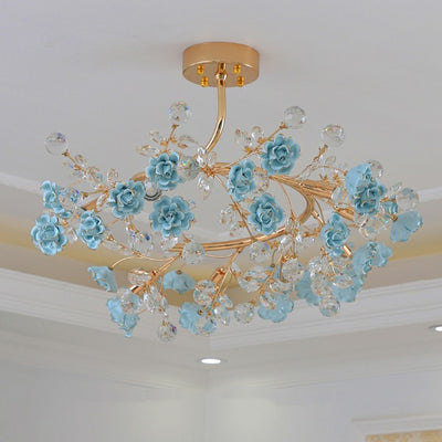 Traditional French Rose Branch Round Crystal Ceramic Iron 9-Lights Chandelier For Living Room