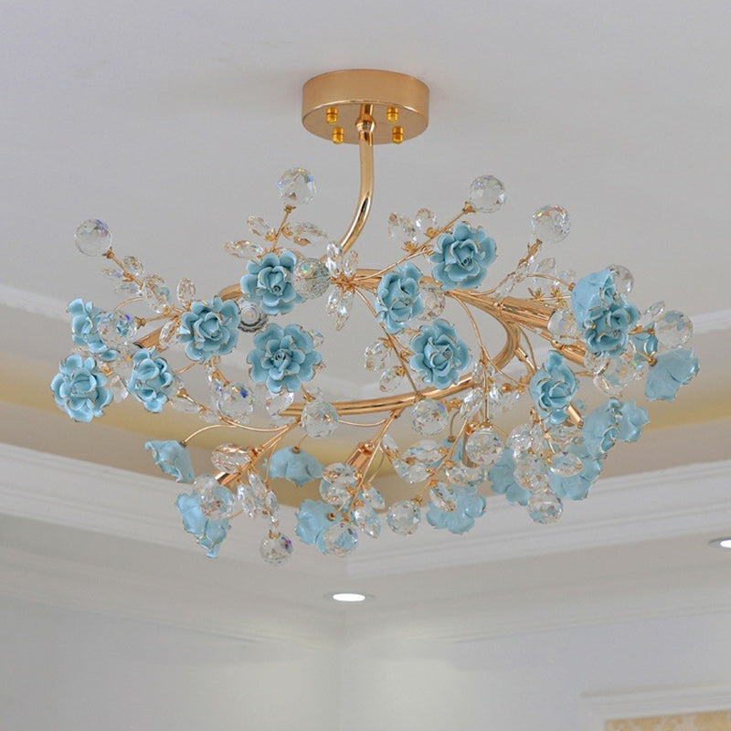 Traditional French Rose Branch Round Crystal Ceramic Iron 9-Lights Chandelier For Living Room