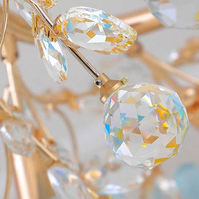 Traditional French Rose Branch Round Crystal Ceramic Iron 9-Lights Chandelier For Living Room