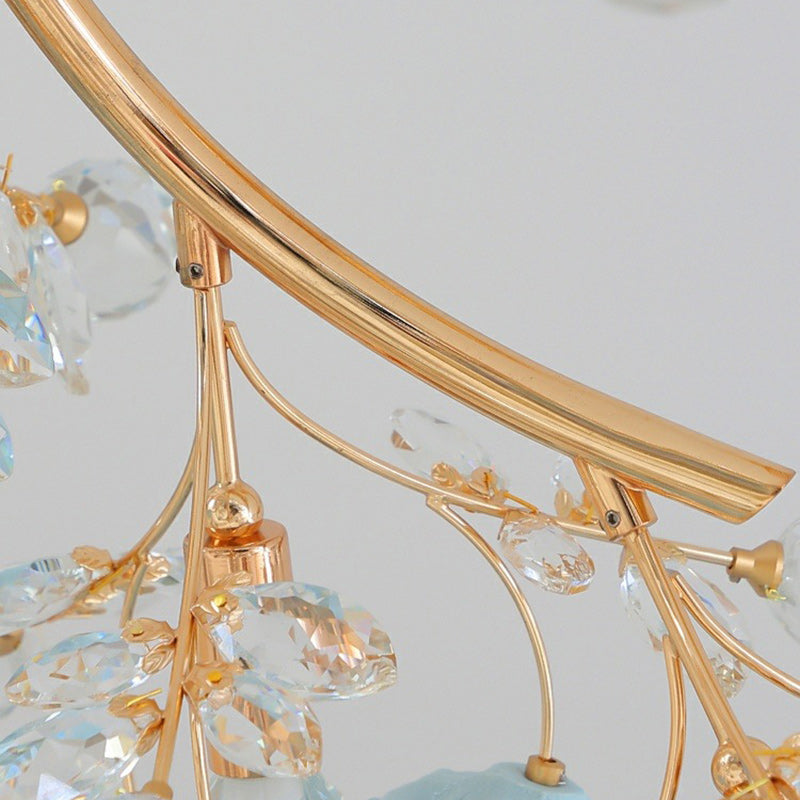 Traditional French Rose Branch Round Crystal Ceramic Iron 9-Lights Chandelier For Living Room