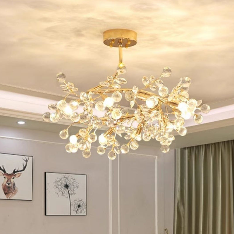 Traditional French Rose Branch Round Crystal Ceramic Iron 9-Lights Chandelier For Living Room