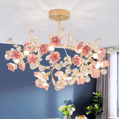 Traditional French Rose Branch Round Crystal Ceramic Iron 9-Lights Chandelier For Living Room