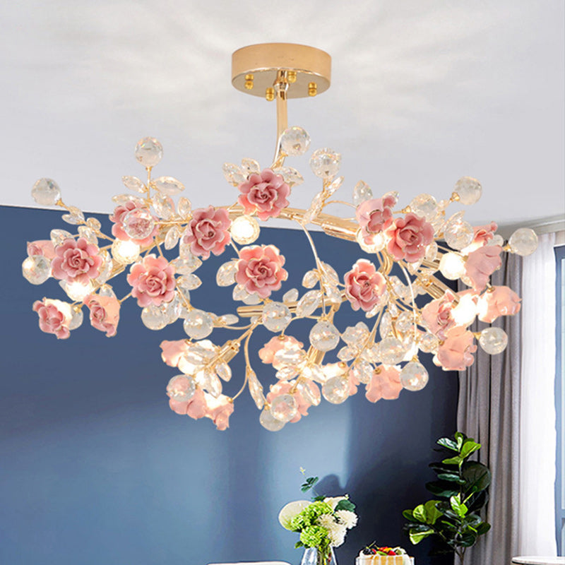 Traditional French Rose Branch Round Crystal Ceramic Iron 9-Lights Chandelier For Living Room