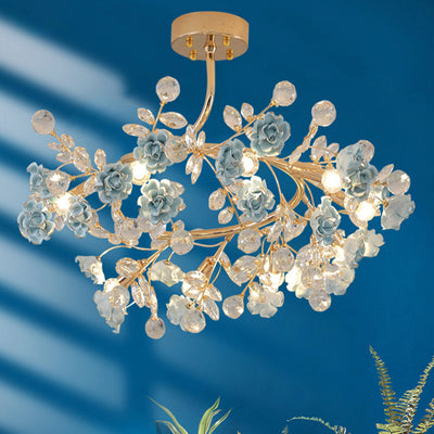 Traditional French Rose Branch Round Crystal Ceramic Iron 9-Lights Chandelier For Living Room