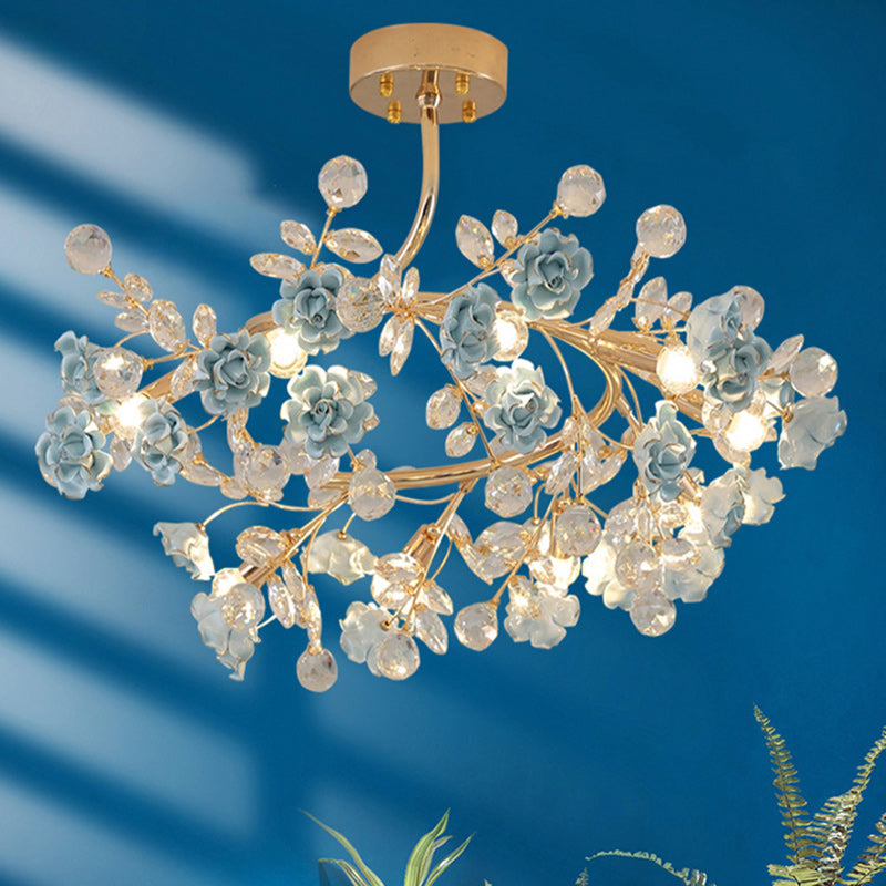 Traditional French Rose Branch Round Crystal Ceramic Iron 9-Lights Chandelier For Living Room