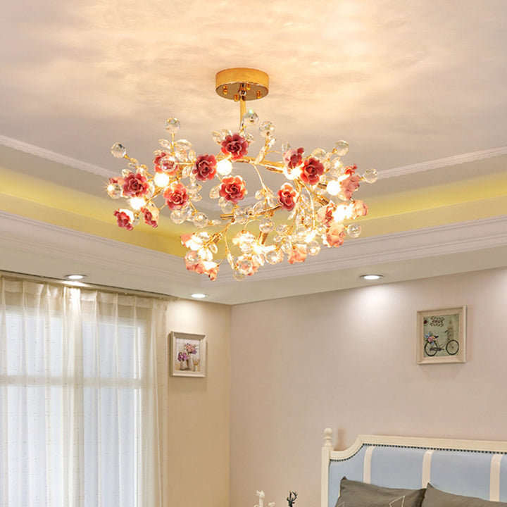 Rama de Rosa Francesa Tradicional Redonda de Cristal Cerámica Hierro Lámpara de Araña de 9 Luces Para Sala de Estar 