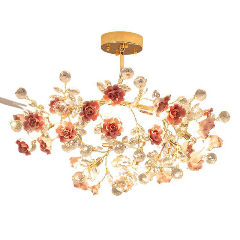 Traditional French Rose Branch Round Crystal Ceramic Iron 9-Lights Chandelier For Living Room
