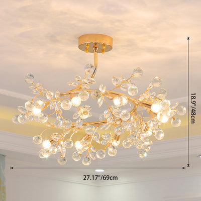 Traditional French Rose Branch Round Crystal Ceramic Iron 9-Lights Chandelier For Living Room