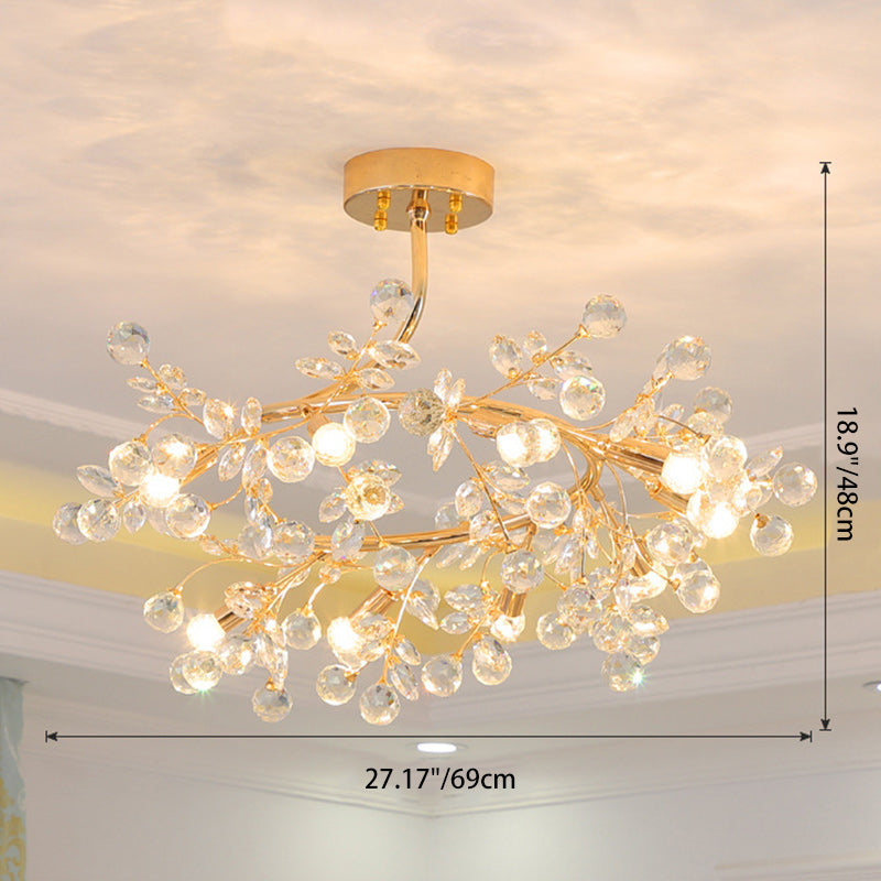 Traditional French Rose Branch Round Crystal Ceramic Iron 9-Lights Chandelier For Living Room