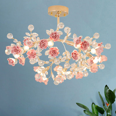 Traditional French Rose Branch Round Crystal Ceramic Iron 9-Lights Chandelier For Living Room