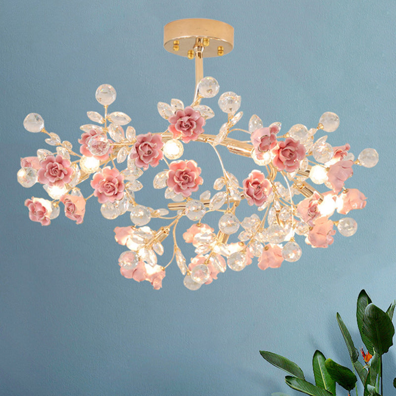 Traditional French Rose Branch Round Crystal Ceramic Iron 9-Lights Chandelier For Living Room