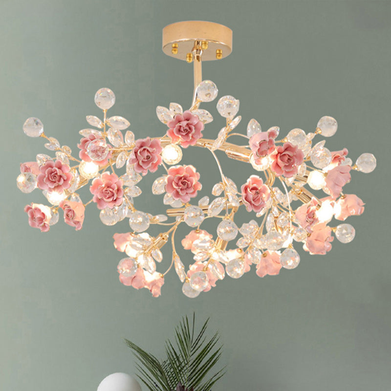 Traditional French Rose Branch Round Crystal Ceramic Iron 9-Lights Chandelier For Living Room