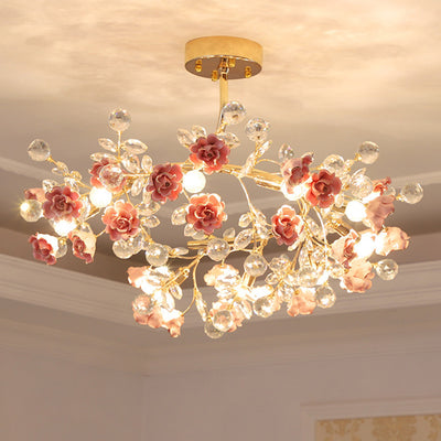 Traditional French Rose Branch Round Crystal Ceramic Iron 9-Lights Chandelier For Living Room