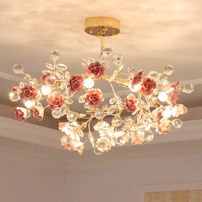 Traditional French Rose Branch Round Crystal Ceramic Iron 9-Lights Chandelier For Living Room